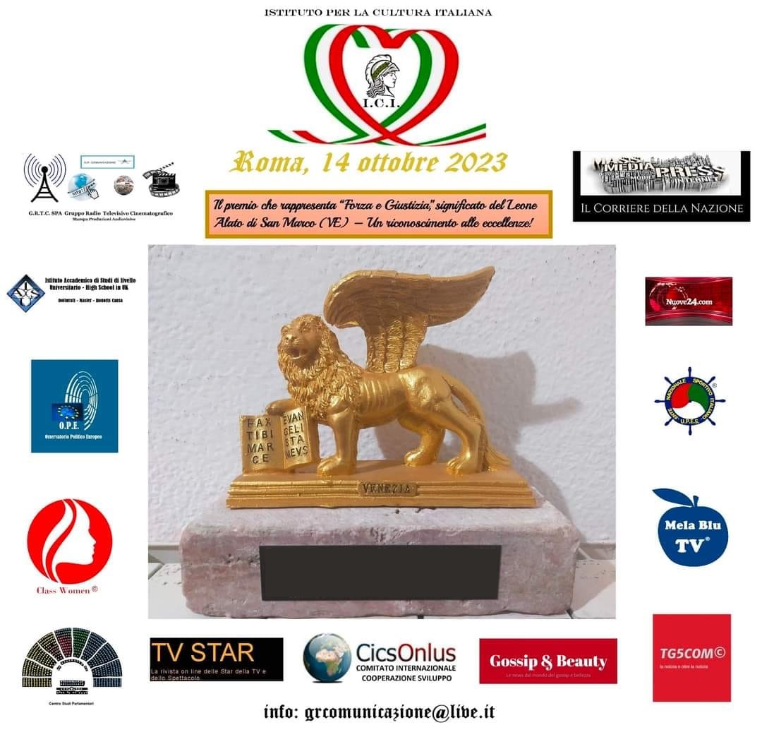 14 ottobre, Roma omaggia Venezia, con il Premio Leone d’oro Alato di San Marco dell’Istituto per la Cultura Italiana. Ecco gli assegnatari del premio