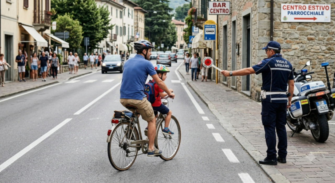 Porta il figlio di 6 anni al centro estivo sul tubo della bici: i vigili lo multano. Papà si infuria su Fb: «Non stavo correndo»