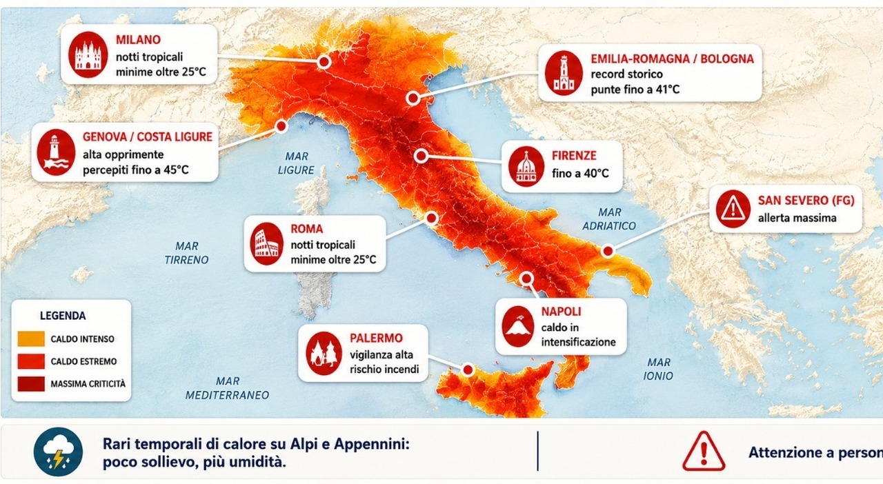 ​Caldo, mappa città più colpite: da Roma a Milano fino a Napoli, previsti fino 45°. Da lunedì atteso il picco