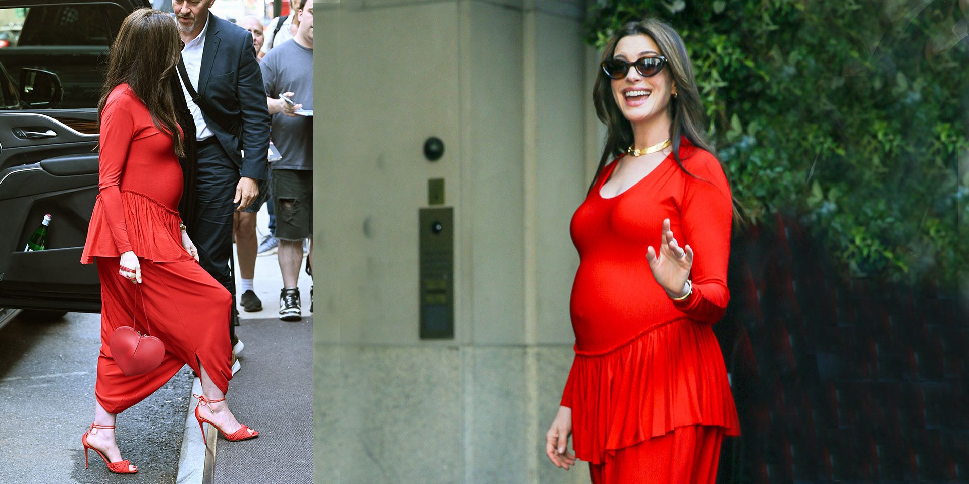 Anne Hathaway incinta e divina: il look rosso e i tacchi a spillo fanno impazzire New York